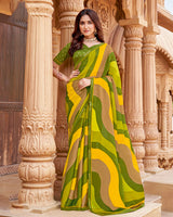 Vishal Prints Sandy Brown And Olive Green Printed Fancy Chiffon Saree With Border