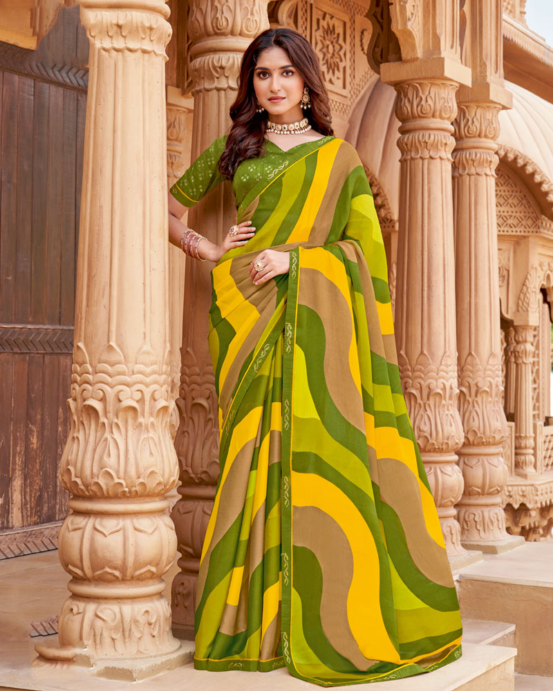 Vishal Prints Sandy Brown And Olive Green Printed Fancy Chiffon Saree With Border