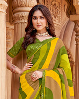 Vishal Prints Sandy Brown And Olive Green Printed Fancy Chiffon Saree With Border