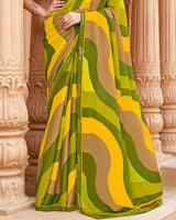 Vishal Prints Sandy Brown And Olive Green Printed Fancy Chiffon Saree With Border