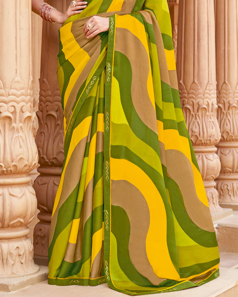Vishal Prints Sandy Brown And Olive Green Printed Fancy Chiffon Saree With Border