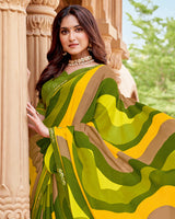 Vishal Prints Sandy Brown And Olive Green Printed Fancy Chiffon Saree With Border