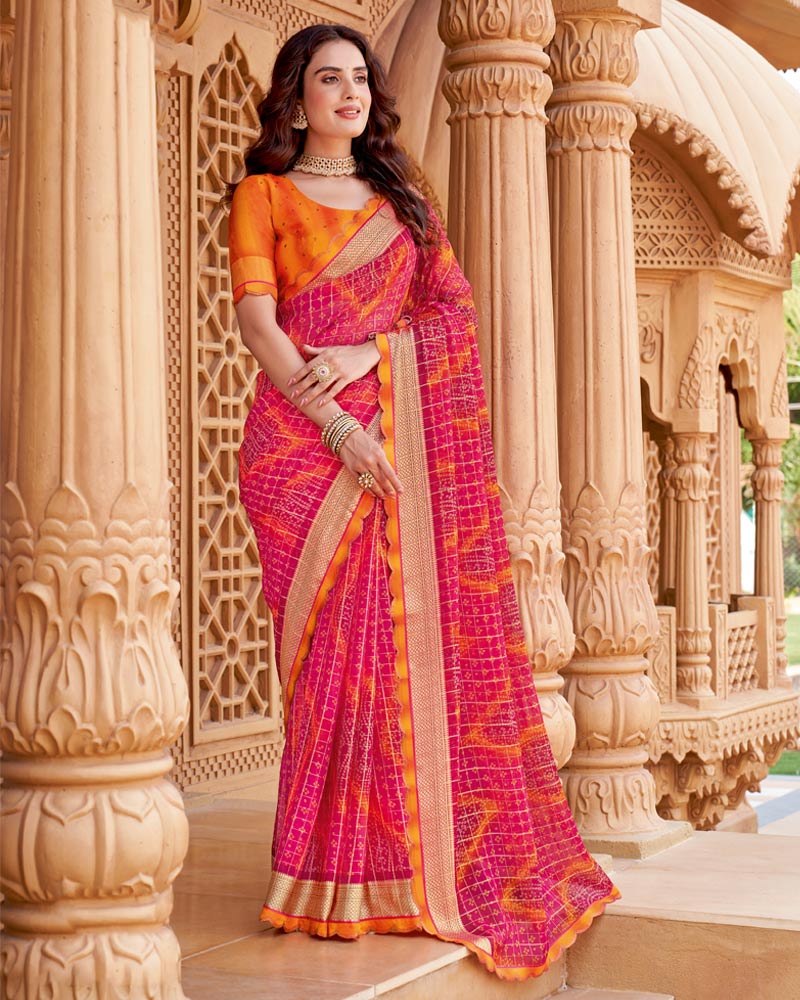 Vishal Prints Raspberry Pink Printed Fancy Chiffon Traditional Print Saree With Cut Work Border