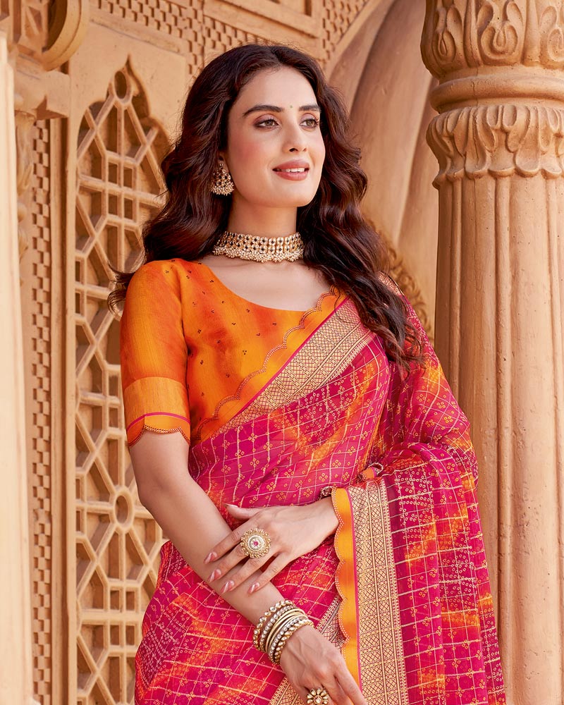Vishal Prints Raspberry Pink Printed Fancy Chiffon Traditional Print Saree With Cut Work Border