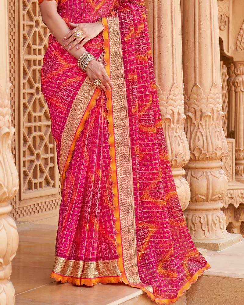 Vishal Prints Raspberry Pink Printed Fancy Chiffon Traditional Print Saree With Cut Work Border