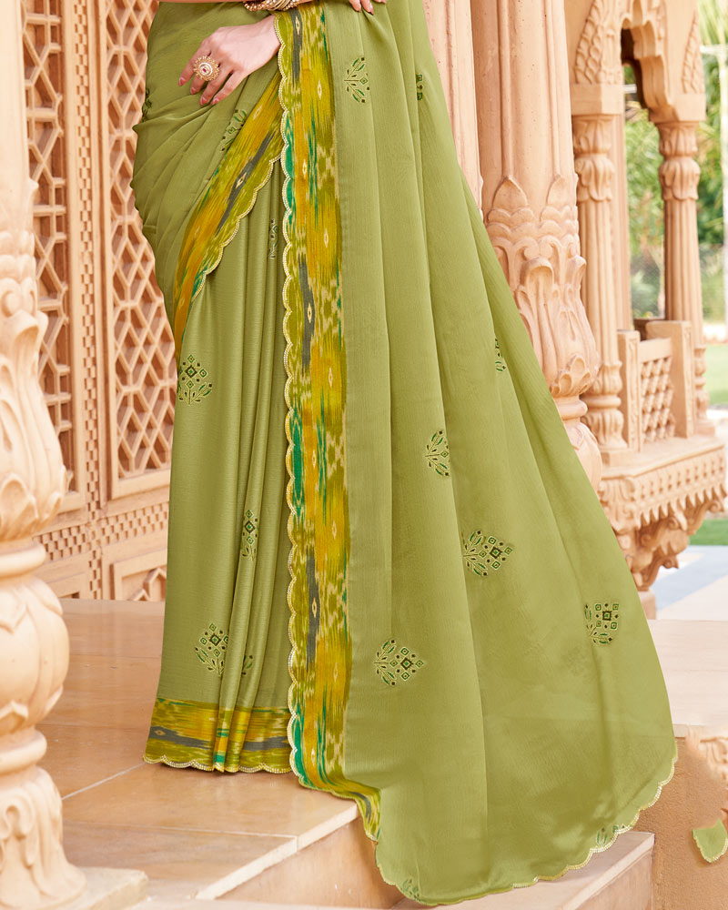 Vishal Prints Light Khaki Green Printed Fancy Chiffon Saree With Cut Work Border