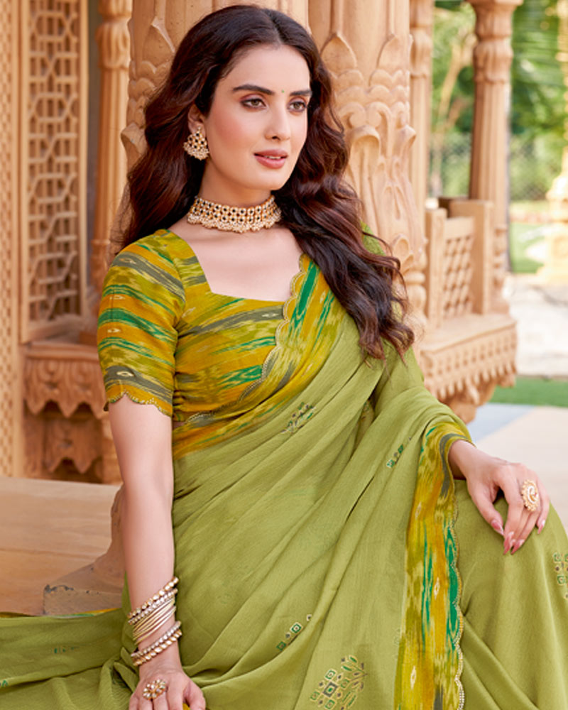 Vishal Prints Light Khaki Green Printed Fancy Chiffon Saree With Cut Work Border