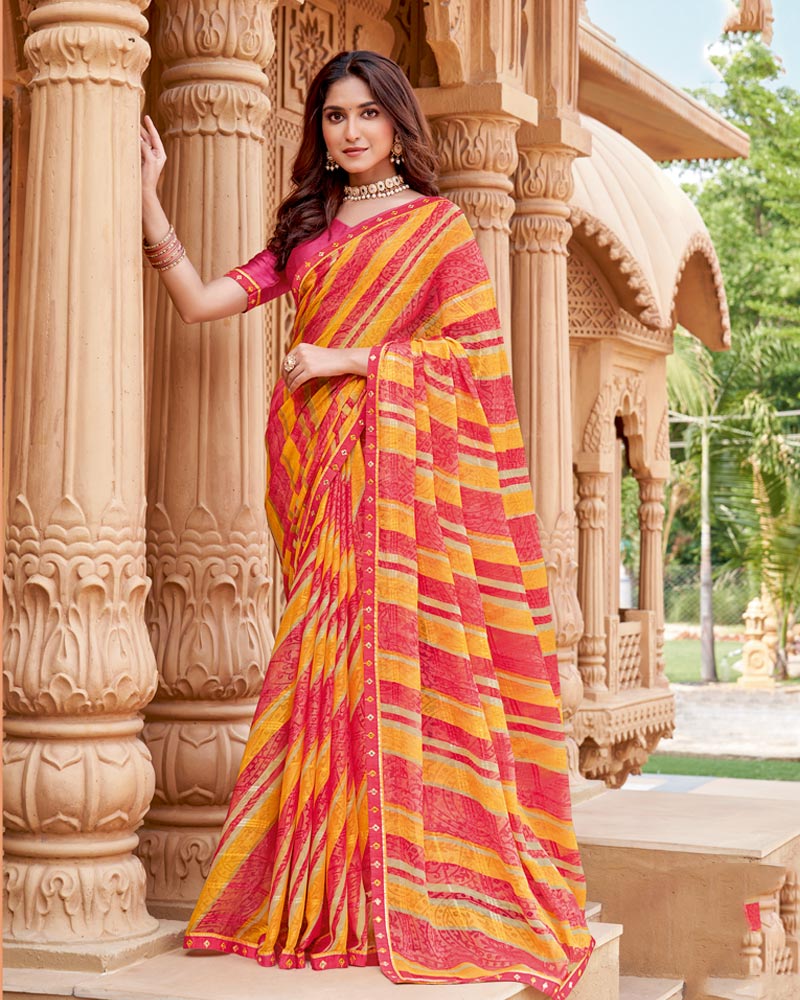 Vishal Prints Light Orange And Pastel Red Printed Fancy Chiffon Traditional Print Saree With Border
