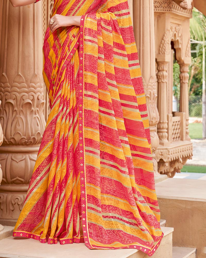 Vishal Prints Light Orange And Pastel Red Printed Fancy Chiffon Traditional Print Saree With Border