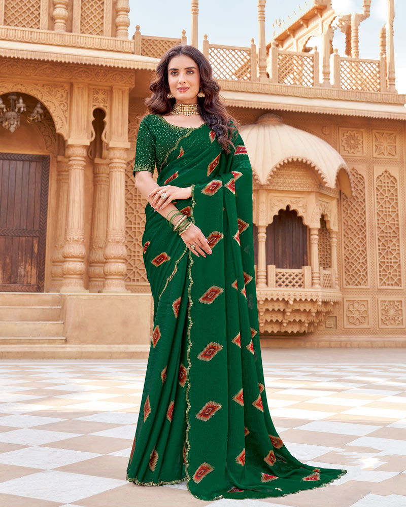 Vishal Prints Dark Forest Green Printed Fancy Satin-Chiffon Traditional Print Saree With Cut Work Border