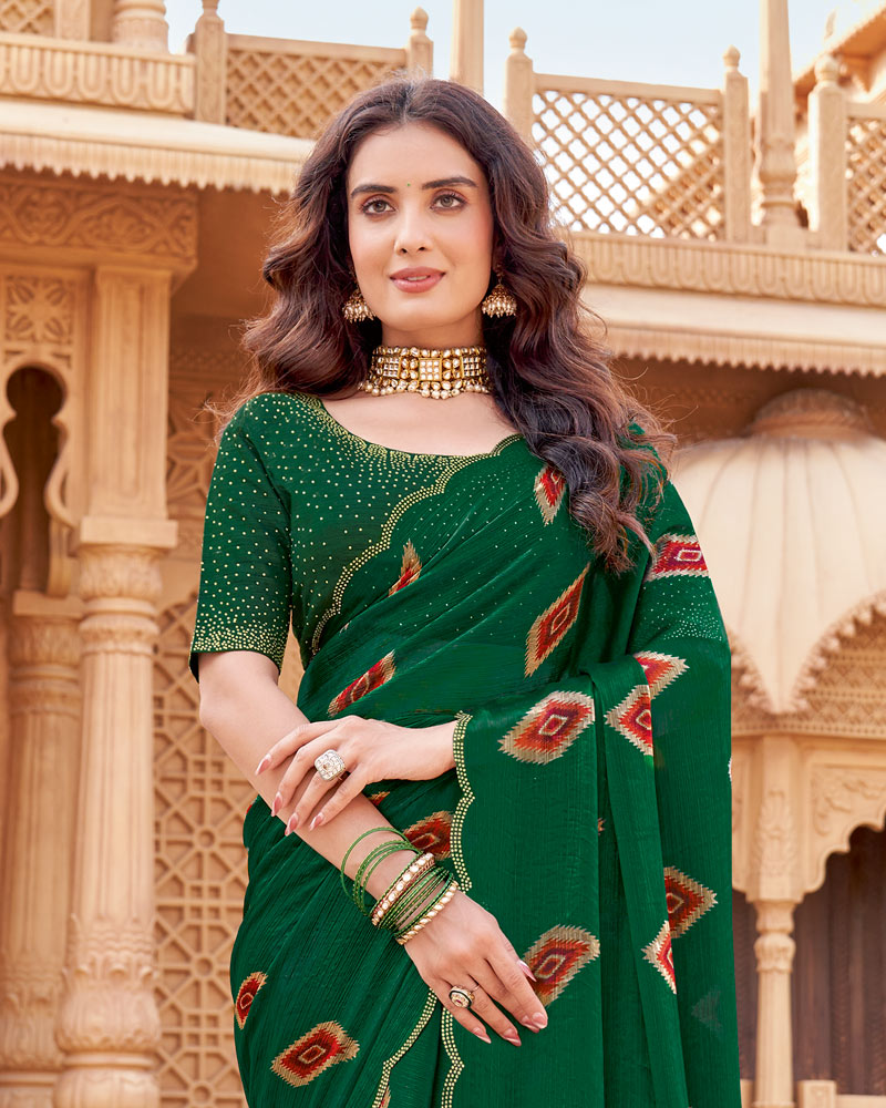 Vishal Prints Dark Forest Green Printed Fancy Satin-Chiffon Traditional Print Saree With Cut Work Border