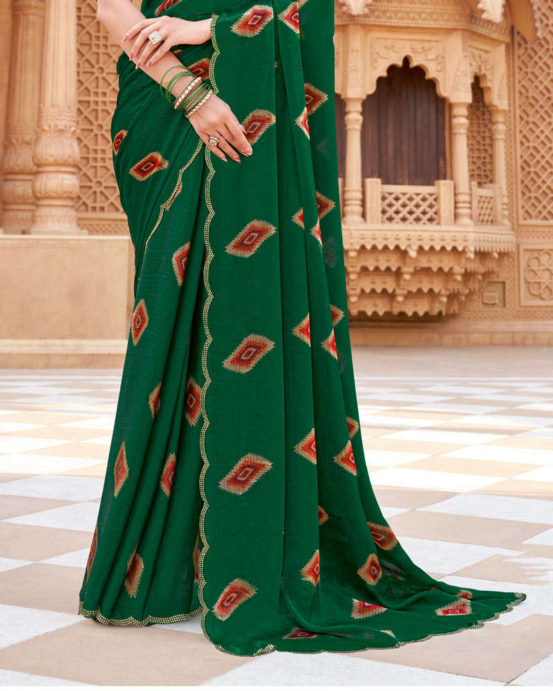 Vishal Prints Dark Forest Green Printed Fancy Satin-Chiffon Traditional Print Saree With Cut Work Border