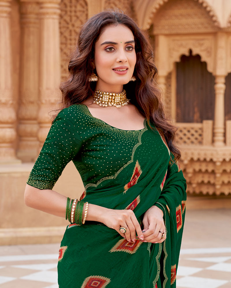Vishal Prints Dark Forest Green Printed Fancy Satin-Chiffon Traditional Print Saree With Cut Work Border
