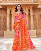 Vishal Prints Rosy Pink And Flame Orange Printed Chiffon-Brasso Saree With Fancy Border