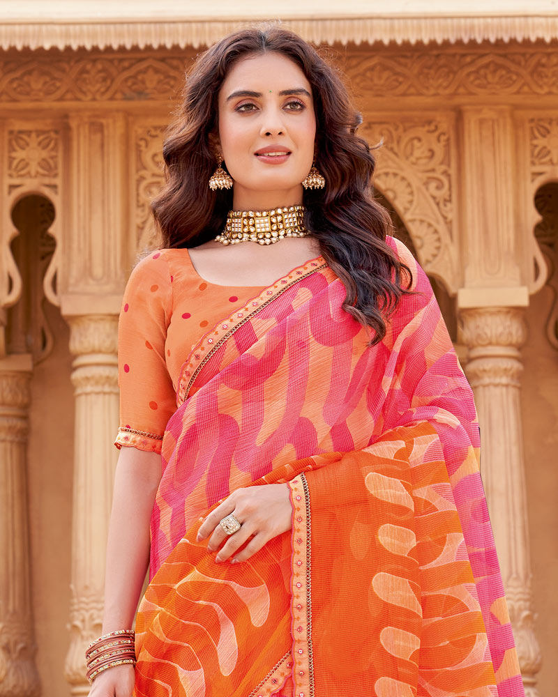 Vishal Prints Rosy Pink And Flame Orange Printed Chiffon-Brasso Saree With Fancy Border