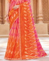 Vishal Prints Rosy Pink And Flame Orange Printed Chiffon-Brasso Saree With Fancy Border