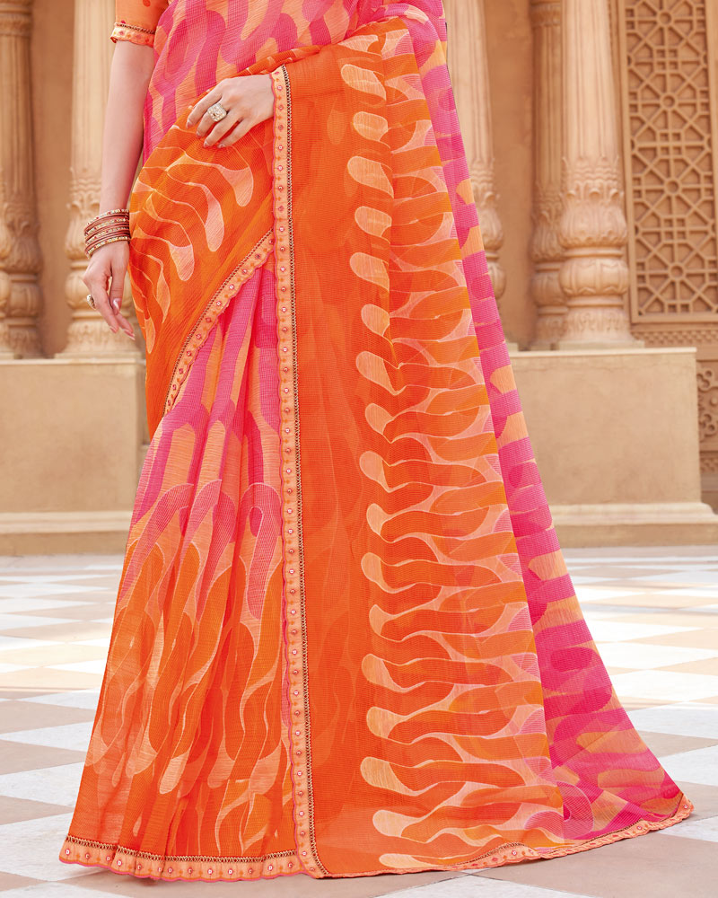 Vishal Prints Rosy Pink And Flame Orange Printed Chiffon-Brasso Saree With Fancy Border
