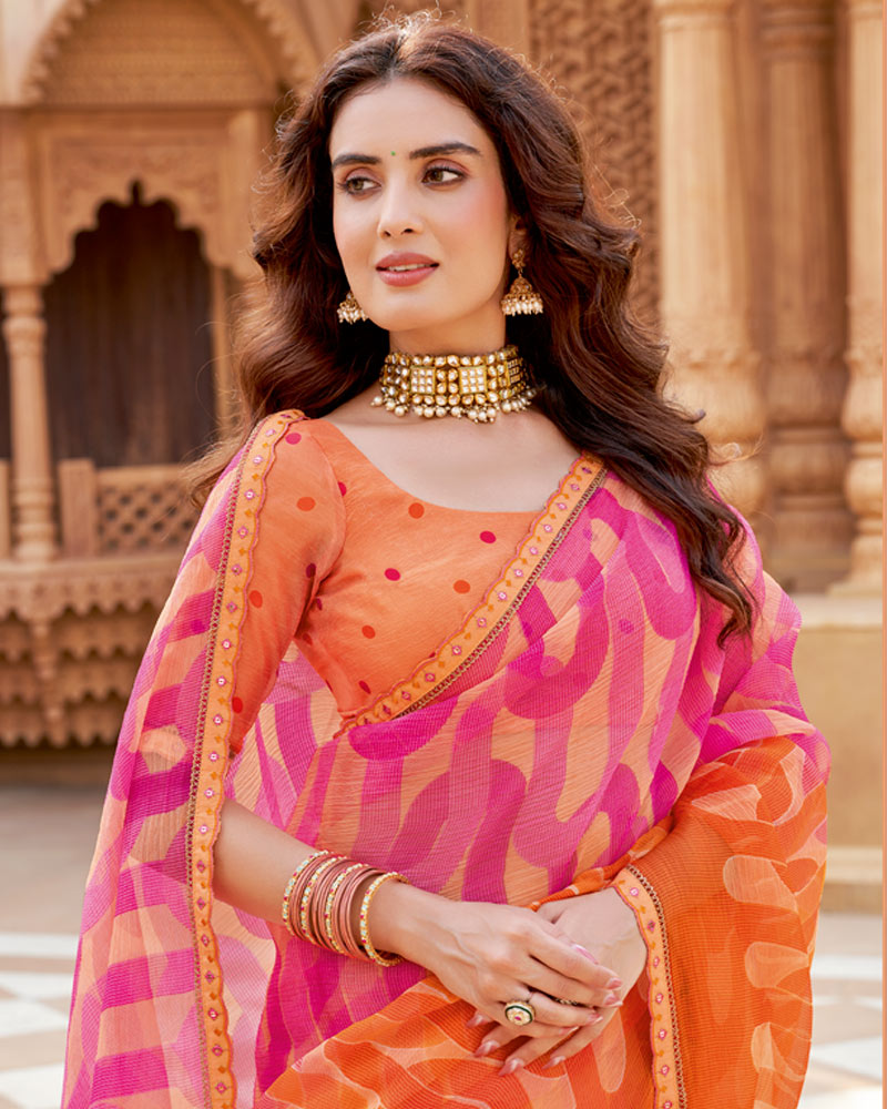 Vishal Prints Rosy Pink And Flame Orange Printed Chiffon-Brasso Saree With Fancy Border