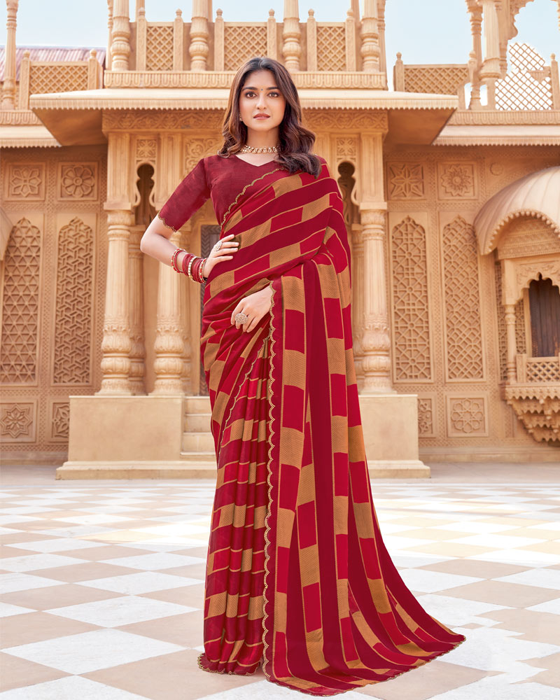 Vishal Prints Old Brick Red Printed Fancy Chiffon Saree With Cut Work Border
