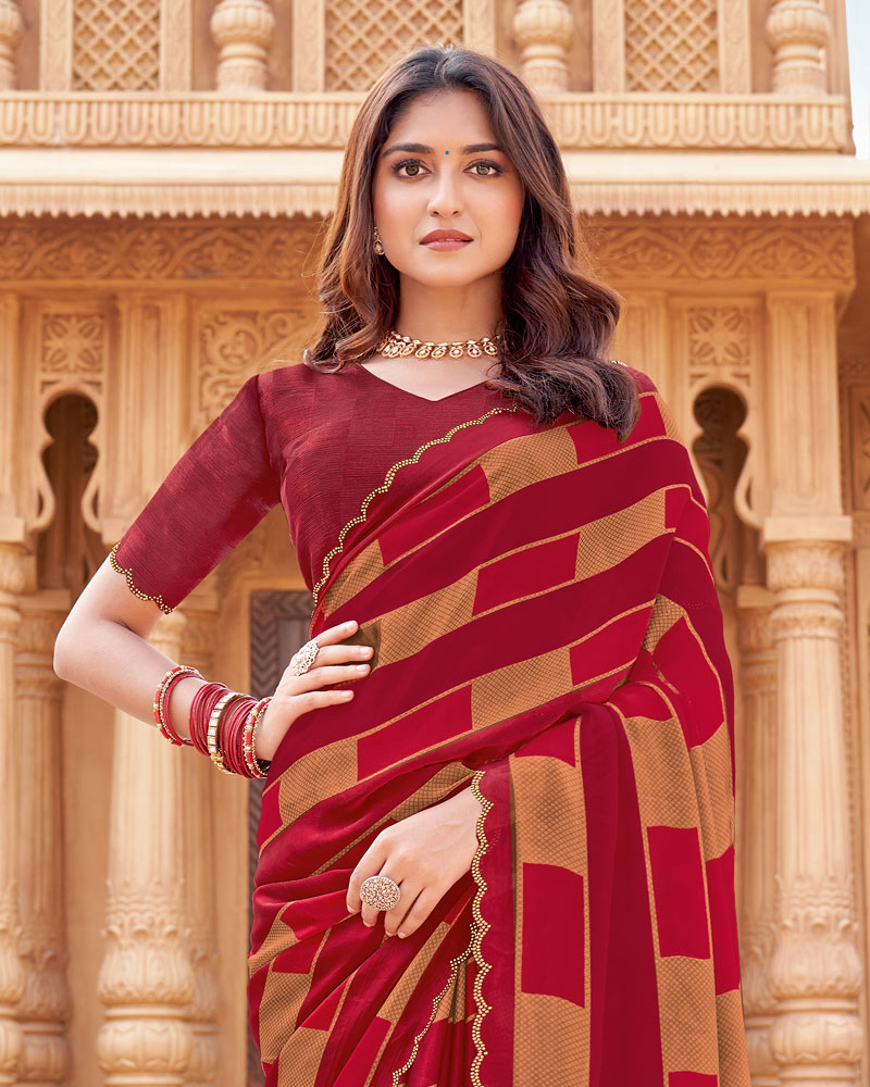 Vishal Prints Old Brick Red Printed Fancy Chiffon Saree With Cut Work Border