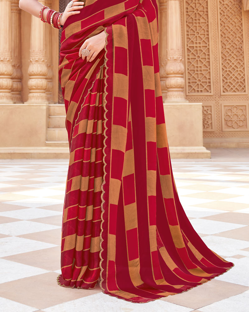 Vishal Prints Old Brick Red Printed Fancy Chiffon Saree With Cut Work Border