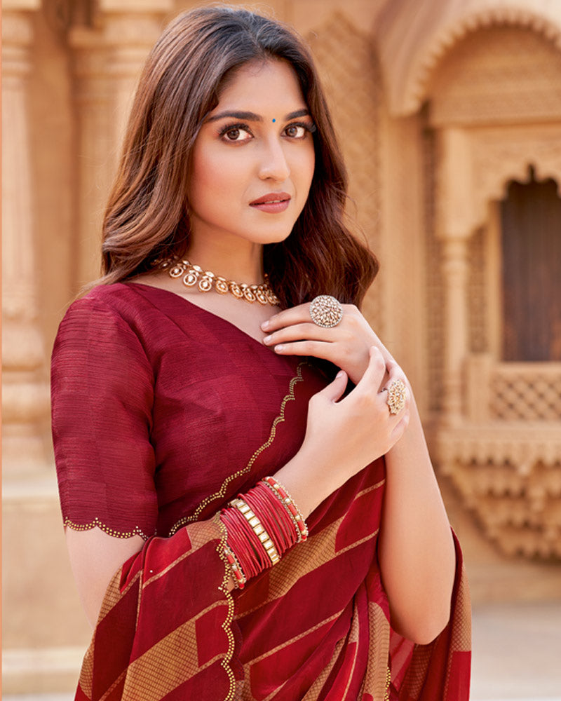 Vishal Prints Old Brick Red Printed Fancy Chiffon Saree With Cut Work Border