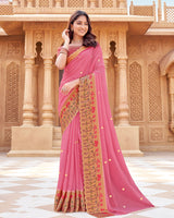 Vishal Prints Rosy Pink Printed Fancy Chiffon Saree With Foil Print And Cut Work Border