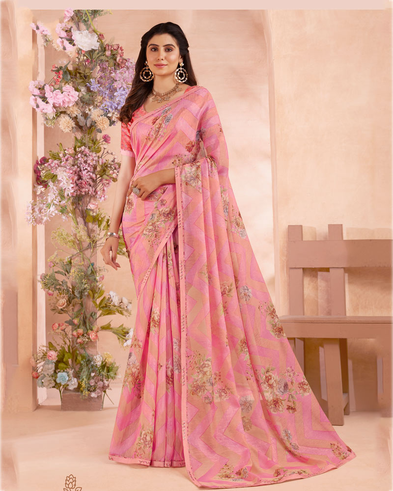 Vishal Prints Pink Digital Printed Cotton Brasso Saree With Fancy Border