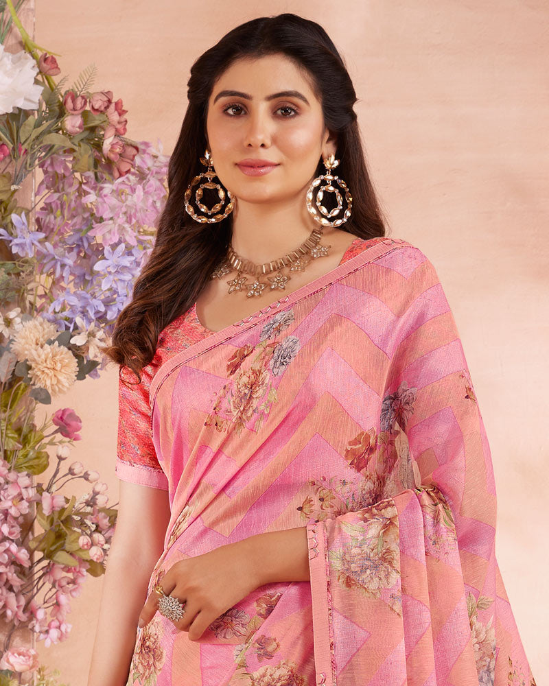 Vishal Prints Pink Digital Printed Cotton Brasso Saree With Fancy Border