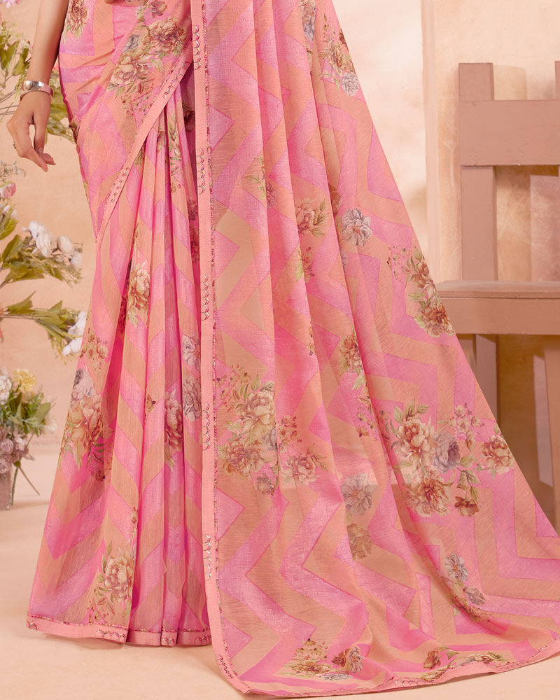 Vishal Prints Pink Digital Printed Cotton Brasso Saree With Fancy Border