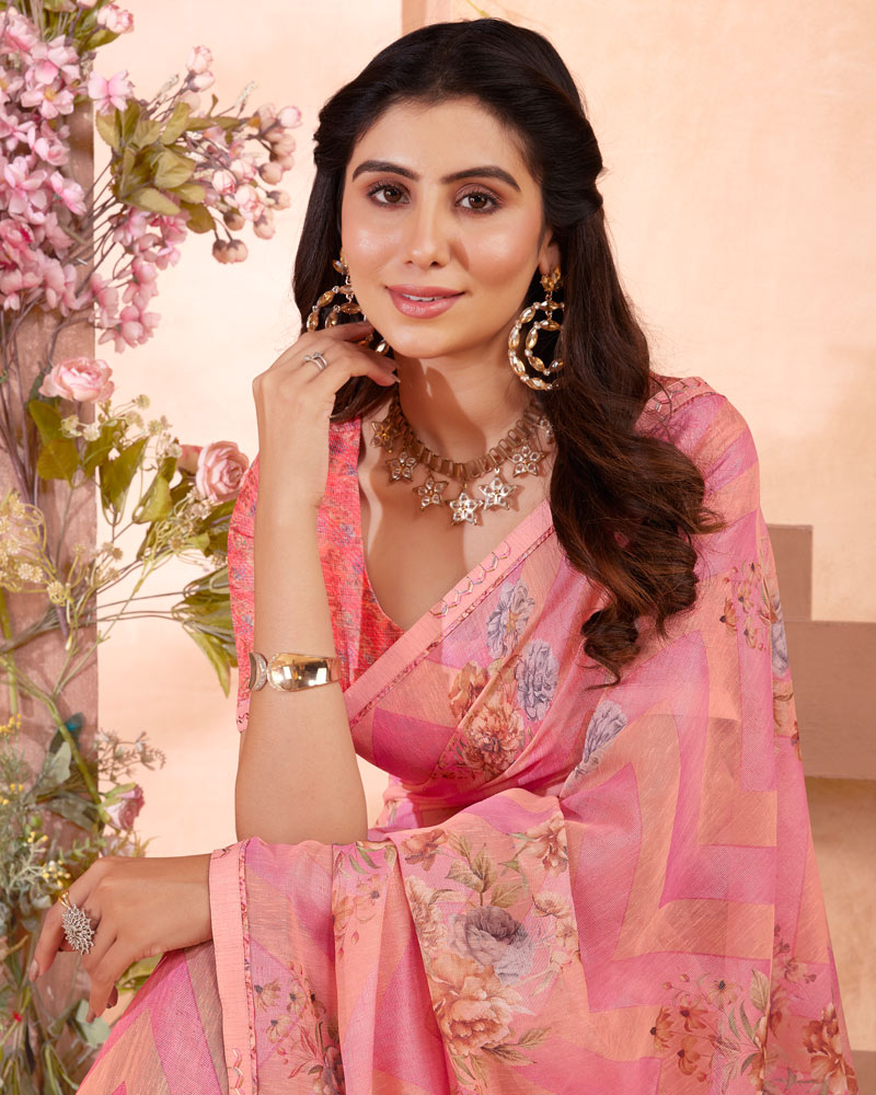 Vishal Prints Pink Digital Printed Cotton Brasso Saree With Fancy Border