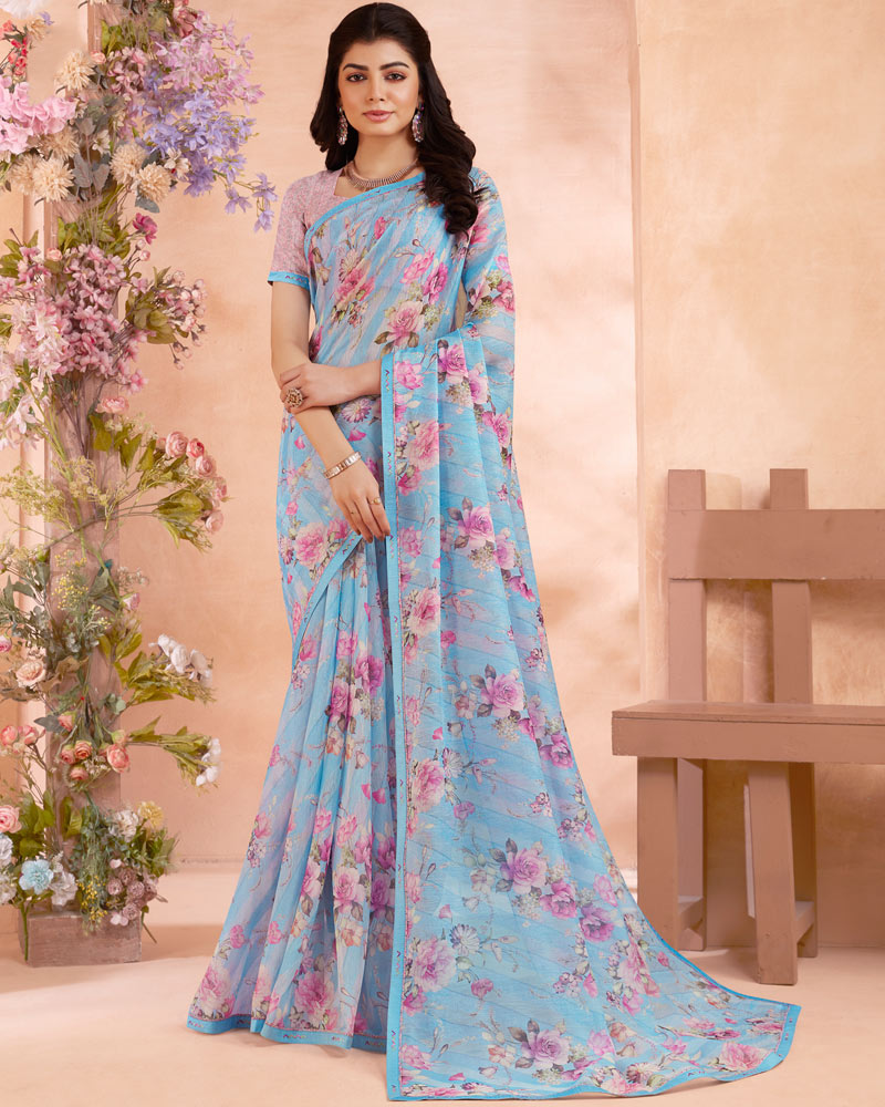 Vishal Prints Sky Blue Digital Printed Cotton Brasso Saree With Fancy Border