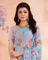 Vishal Prints Sky Blue Digital Printed Cotton Brasso Saree With Fancy Border