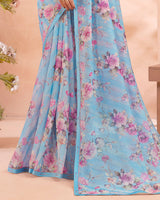 Vishal Prints Sky Blue Digital Printed Cotton Brasso Saree With Fancy Border