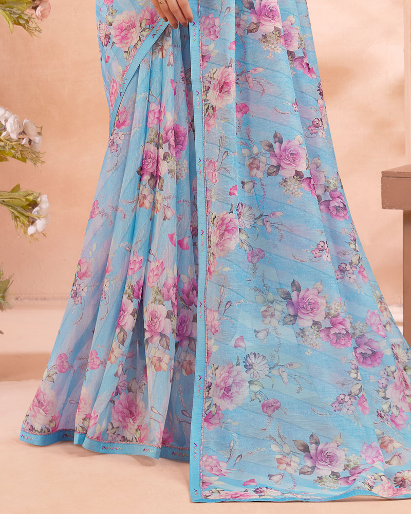 Vishal Prints Sky Blue Digital Printed Cotton Brasso Saree With Fancy Border