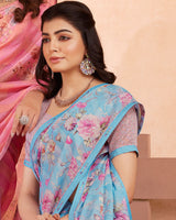 Vishal Prints Sky Blue Digital Printed Cotton Brasso Saree With Fancy Border