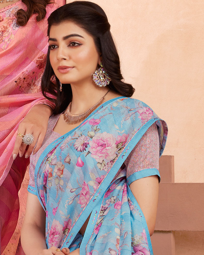Vishal Prints Sky Blue Digital Printed Cotton Brasso Saree With Fancy Border
