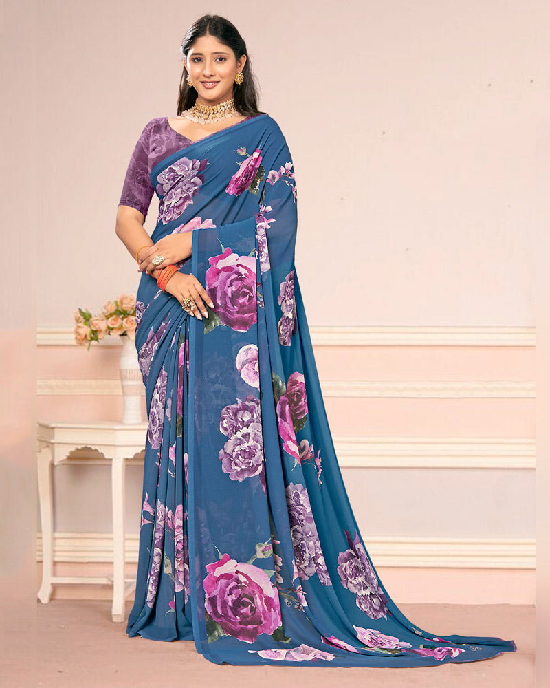 Vishal Prints Metallic Blue Digital Print Weightless Georgette Saree