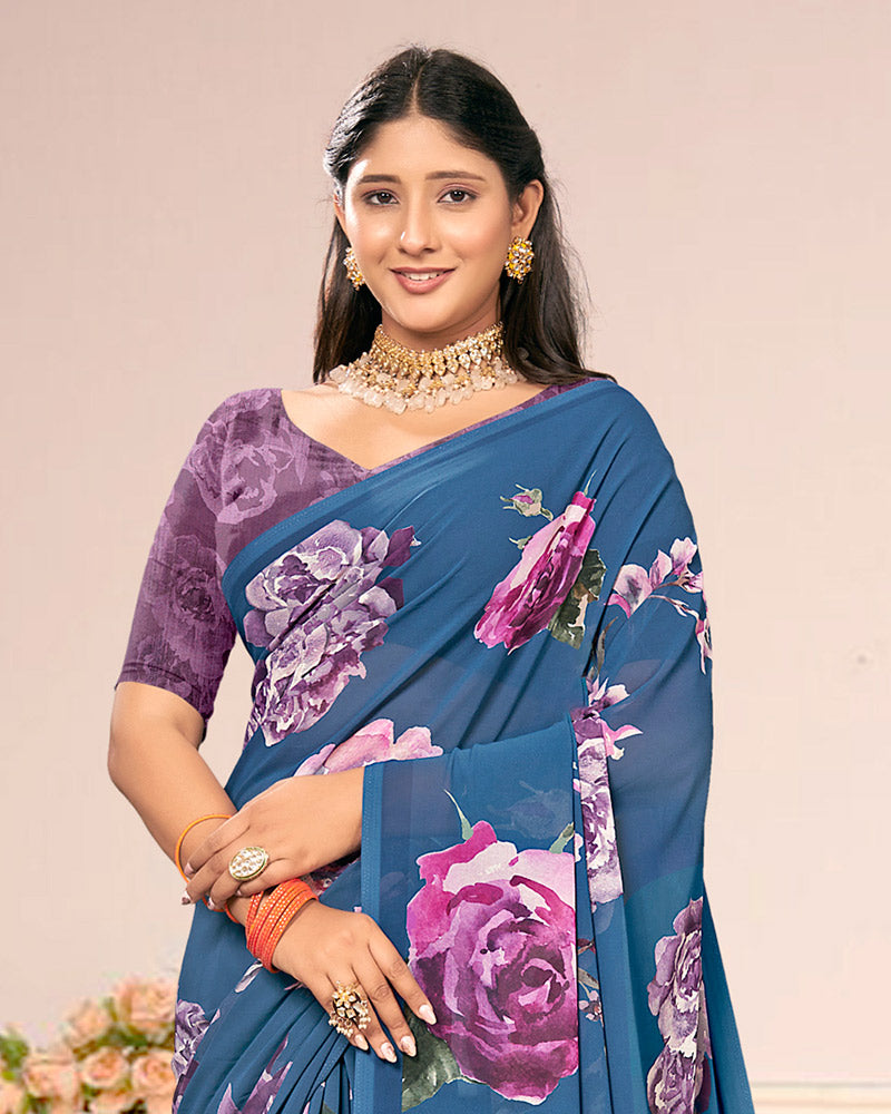 Vishal Prints Metallic Blue Digital Print Weightless Georgette Saree