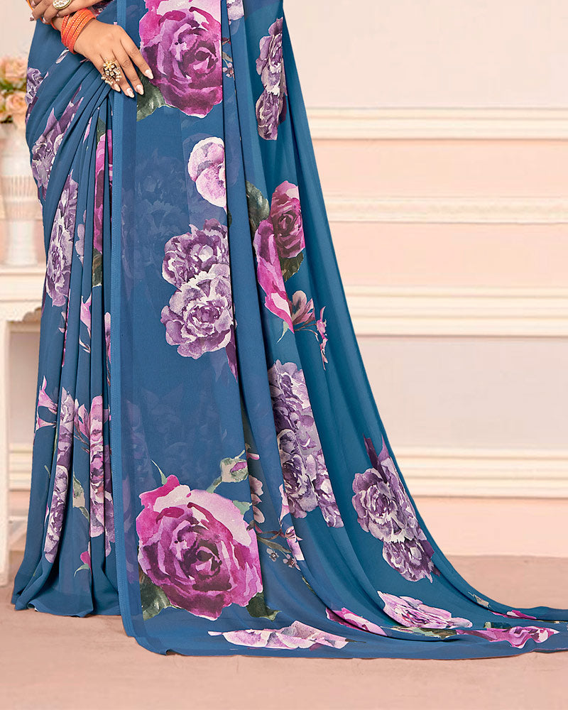 Vishal Prints Metallic Blue Digital Print Weightless Georgette Saree