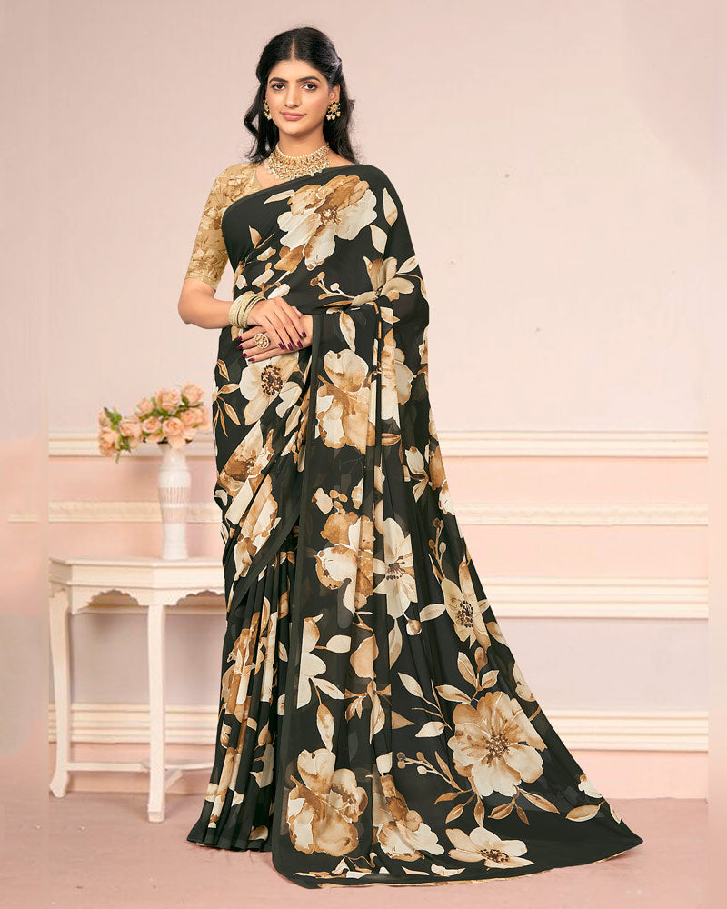 Vishal Prints Charcoal Black Digital Print Weightless Georgette Saree