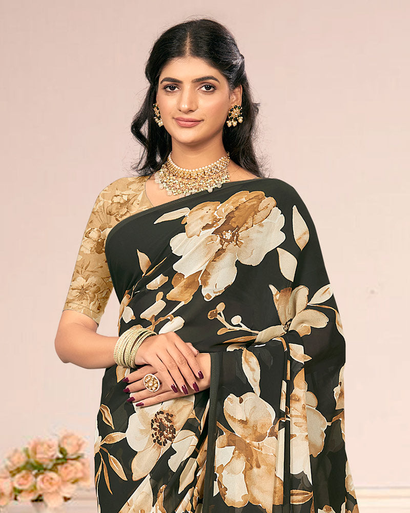 Vishal Prints Charcoal Black Digital Print Weightless Georgette Saree