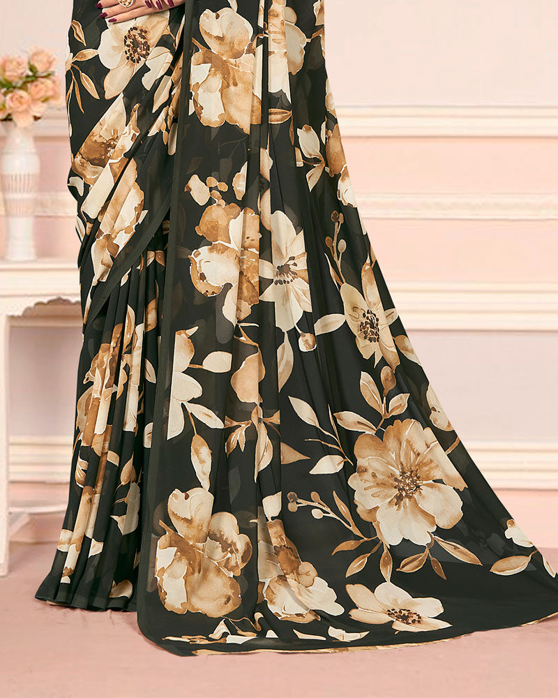 Vishal Prints Charcoal Black Digital Print Weightless Georgette Saree