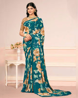 Vishal Prints Deep Aqua Green Digital Print Weightless Georgette Saree
