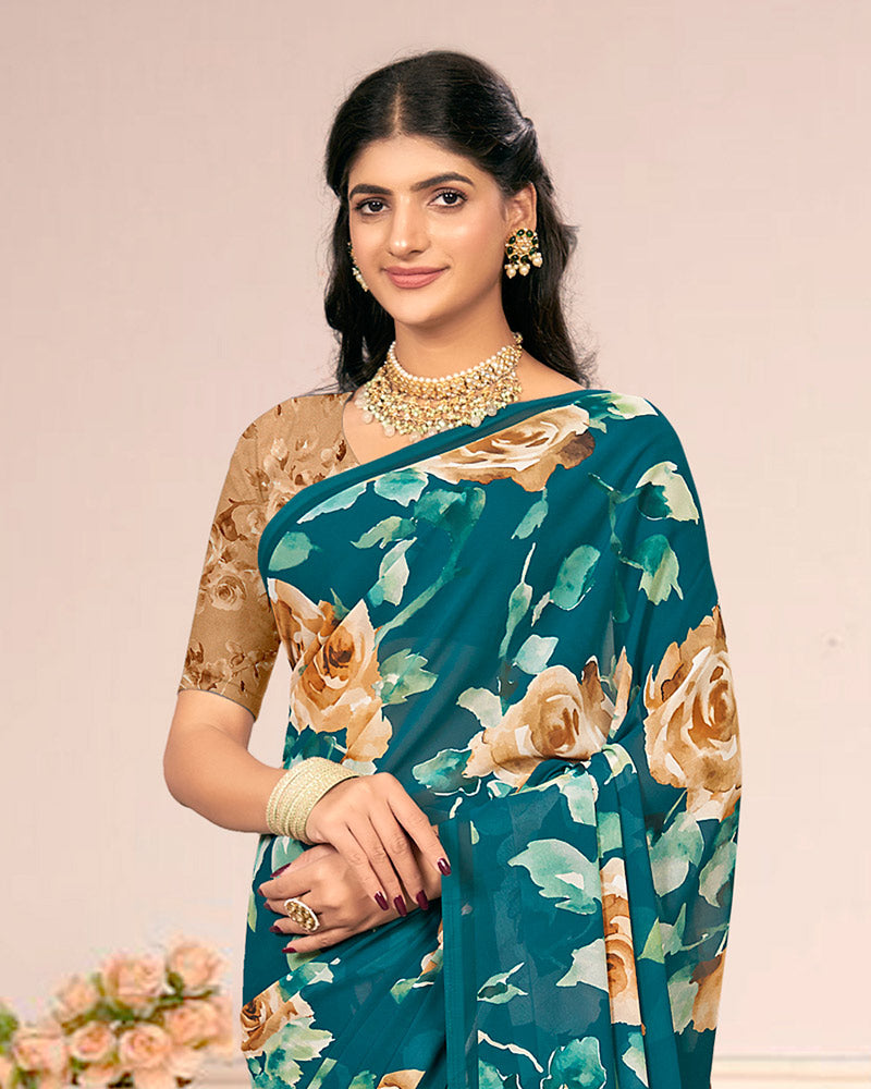 Vishal Prints Deep Aqua Green Digital Print Weightless Georgette Saree