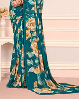 Vishal Prints Deep Aqua Green Digital Print Weightless Georgette Saree