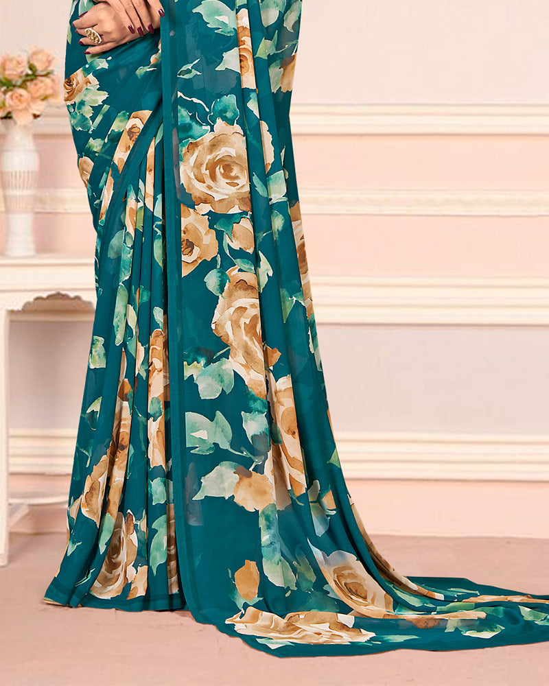 Vishal Prints Deep Aqua Green Digital Print Weightless Georgette Saree