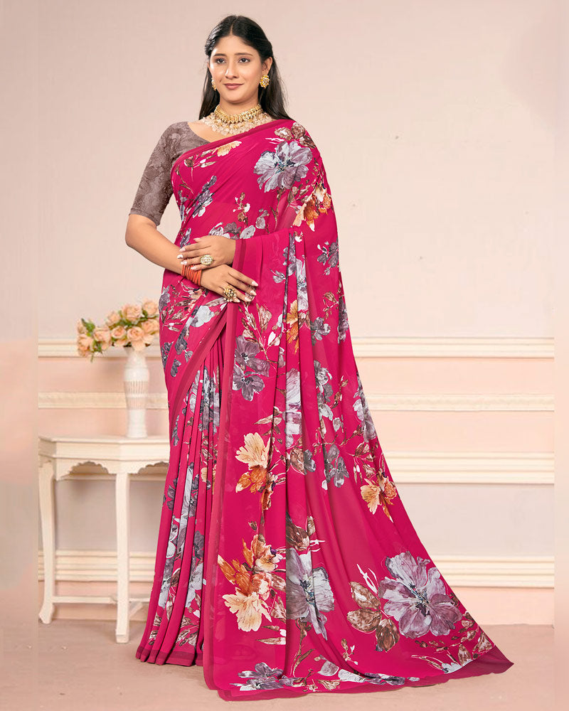 Vishal Prints Raspberry Pink Digital Print Weightless Georgette Saree