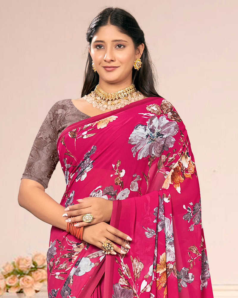 Vishal Prints Raspberry Pink Digital Print Weightless Georgette Saree