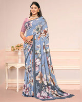 Vishal Prints Light Greyish Blue Digital Print Weightless Georgette Saree